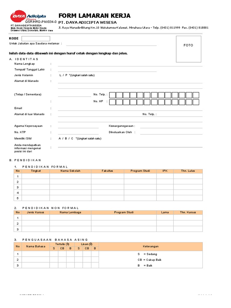 D. Form Lamaran Kerja PDF