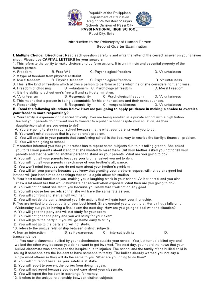 Grade 12 Philosophy 2nd Quarter Exam | PDF | Social Science | Self ...
