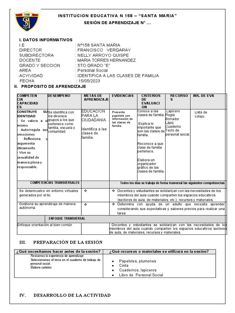 Sesion Personal Clases de Familia | PDF | Salón de clases | Maestros