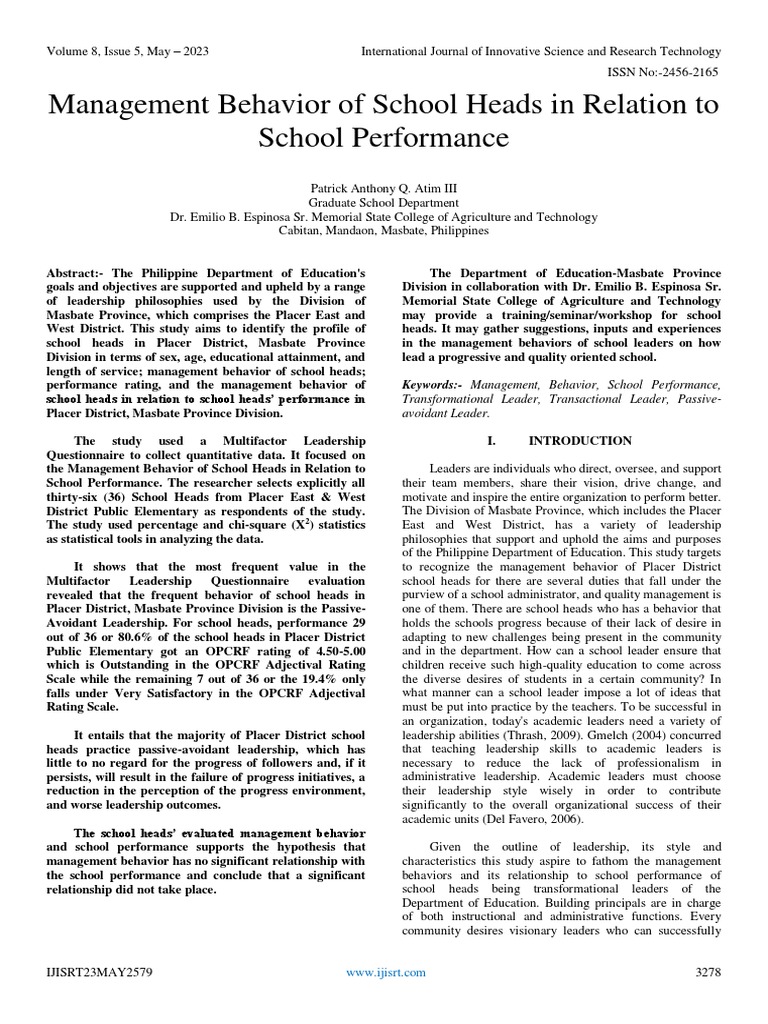 School Heads' Management Behavior & Performance | PDF | Leadership ...