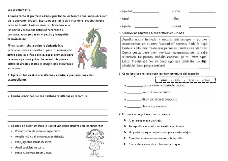 Ficha de Adjetivos Demostrativos | PDF