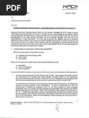 Circular No.008 NACH Automated Clearing House - Important aspects of processing transactions