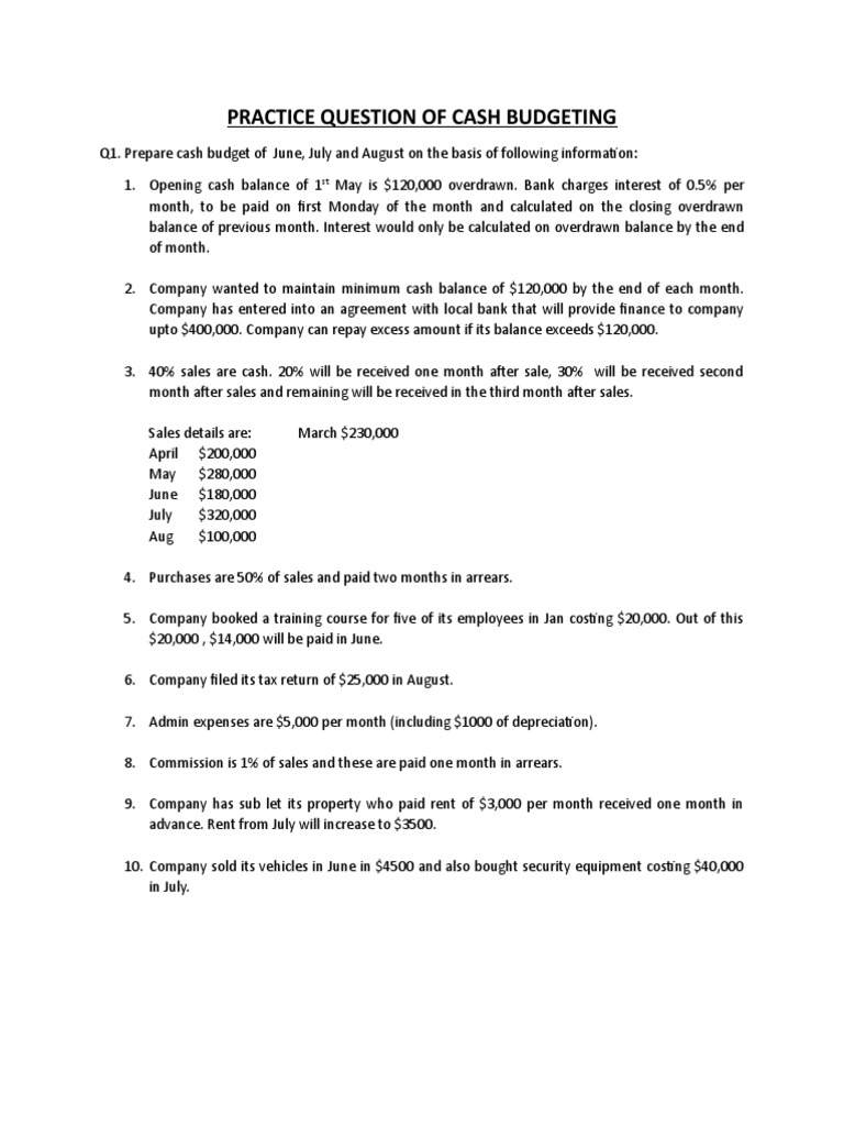 Practice Question of Cash Budgeting PDF Overdraft Receipt