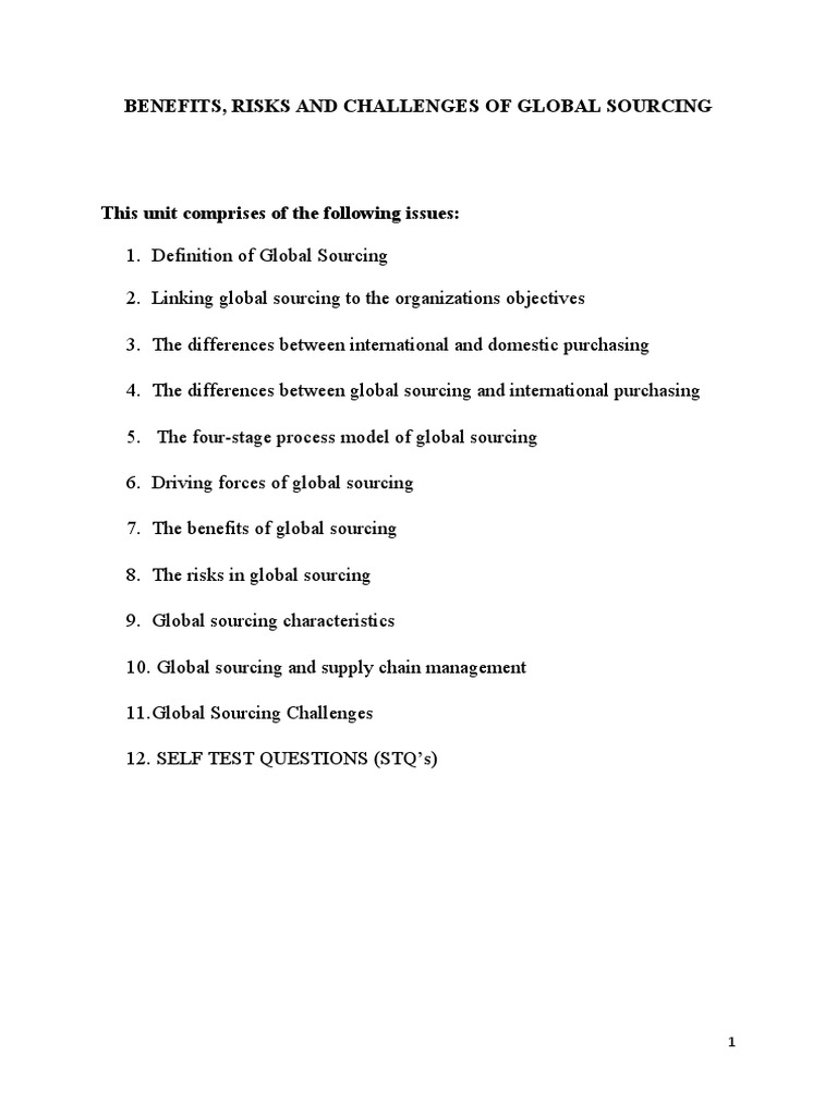 Unit 1 GLOBAL SOURCING - Benefits, Risks and Challenges | PDF ...