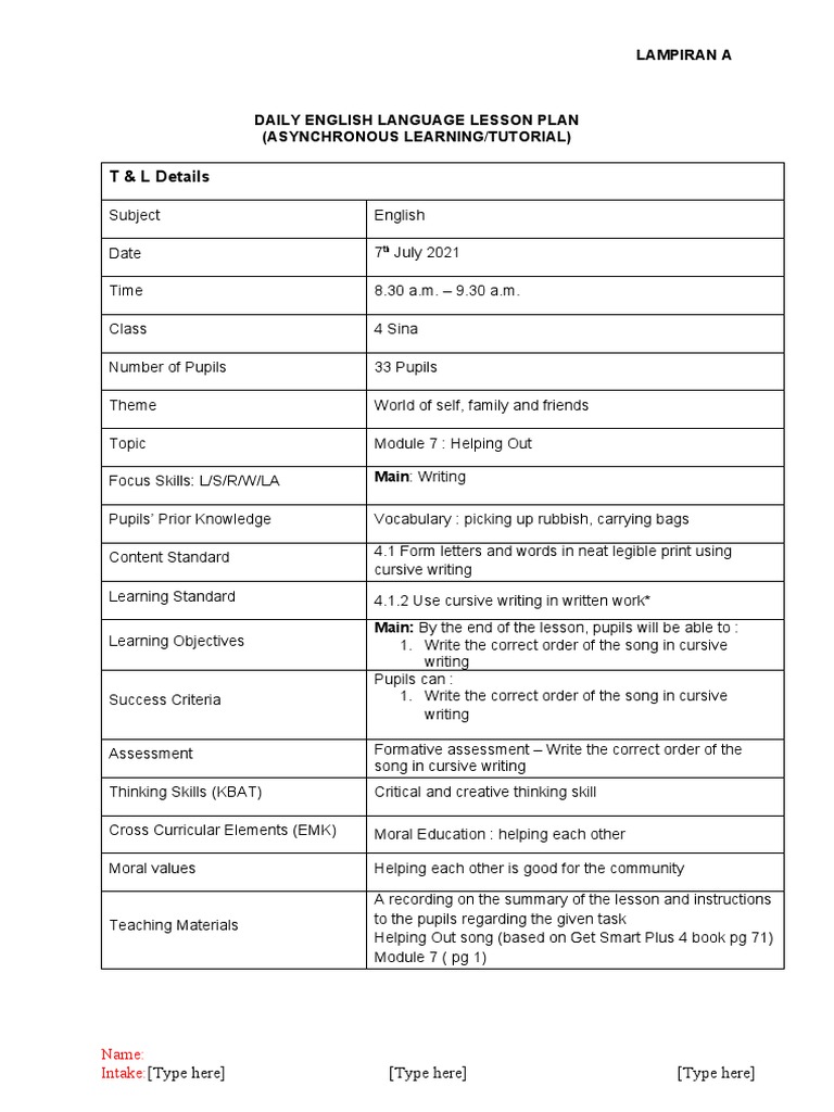 7 July - Wed Asynchronous (W) | PDF | Lesson Plan | Teachers
