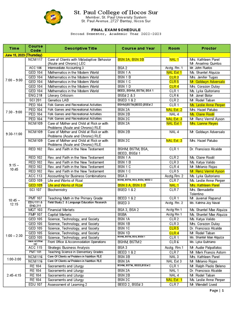 2nd Semester FINALS EXAM SCHEDULE June 14 Corrected | PDF | Social ...