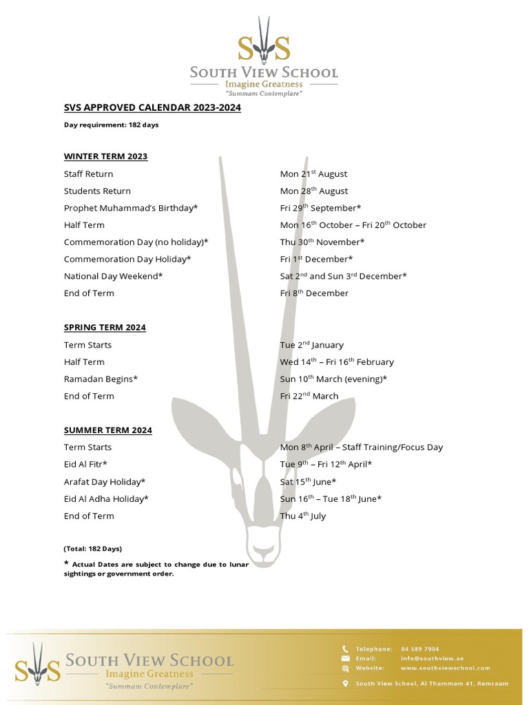 SVS Academic Calendar 2023 2024 | PDF
