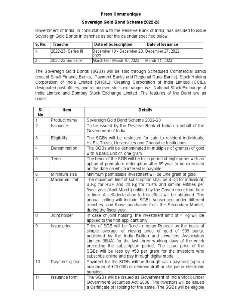 Press Release Issuance of Calendar of Sovereign Gold Bond Scheme For