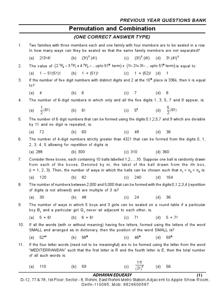 Permutation & Combination Previous Year Questions Bank PDF