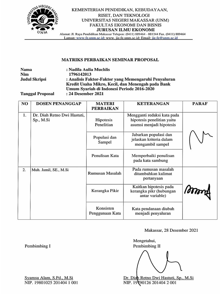 Matriks Perbaikan Seminar Proposal 2 | PDF