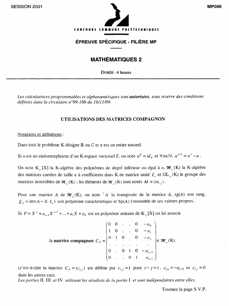Matrice Compagnon et Polynômes Caractéristiques | PDF | Matrice ...