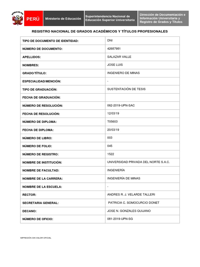 Registro de Grados Academicos Sunedu | PDF