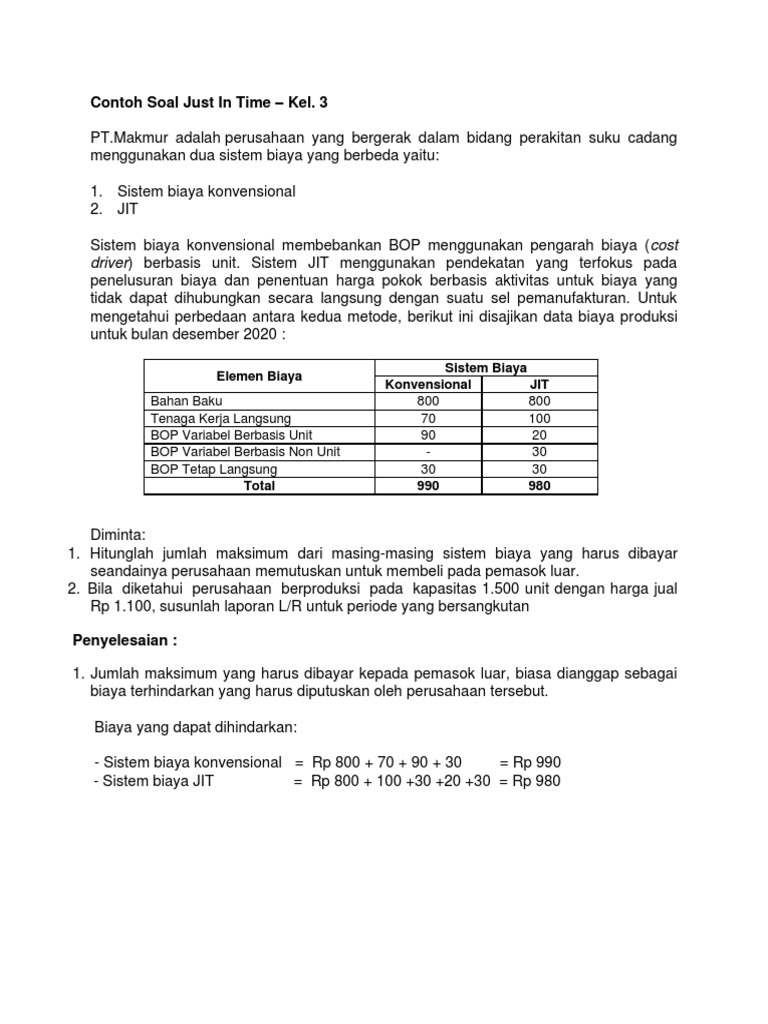 Contoh Soal Metode Just In Time | PDF | Pengelolaan Keuangan & Uang ...