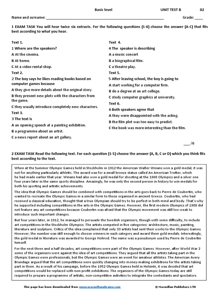 Unit Test 2B Basic Level | PDF