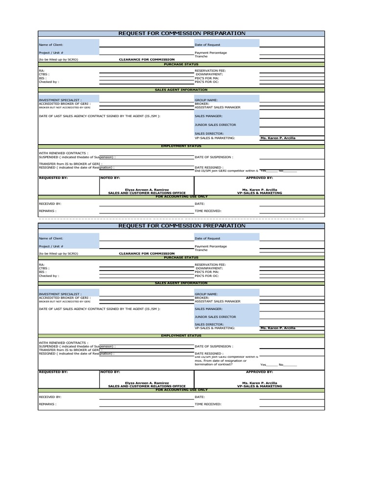 Commission Request Form Pdf Sales Money