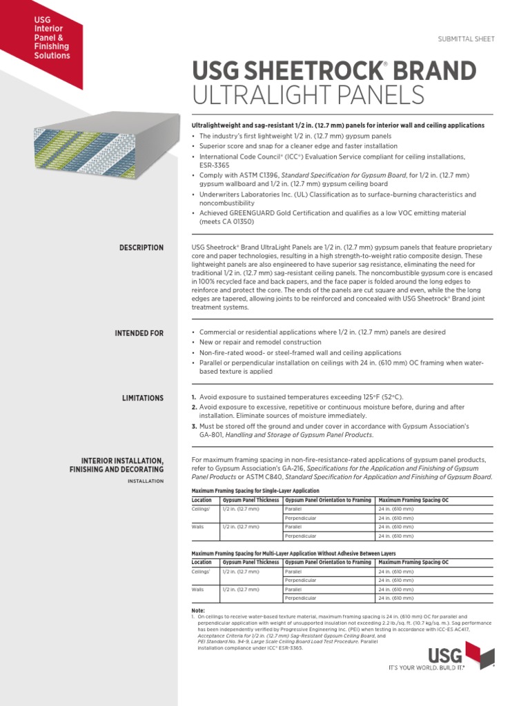 Cerramientos Livianos Usg Sheetrock Brand Ultralight Panels PDF Drywall Materials