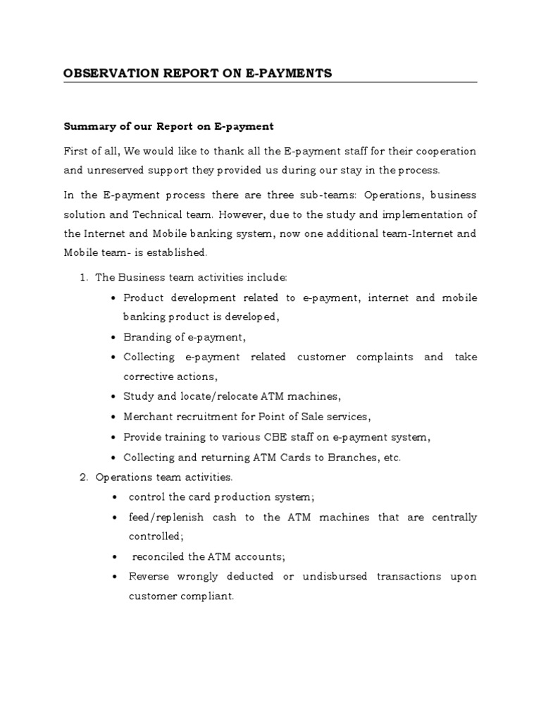 Observation Report Epayment Summery Report PDF Automated Teller 