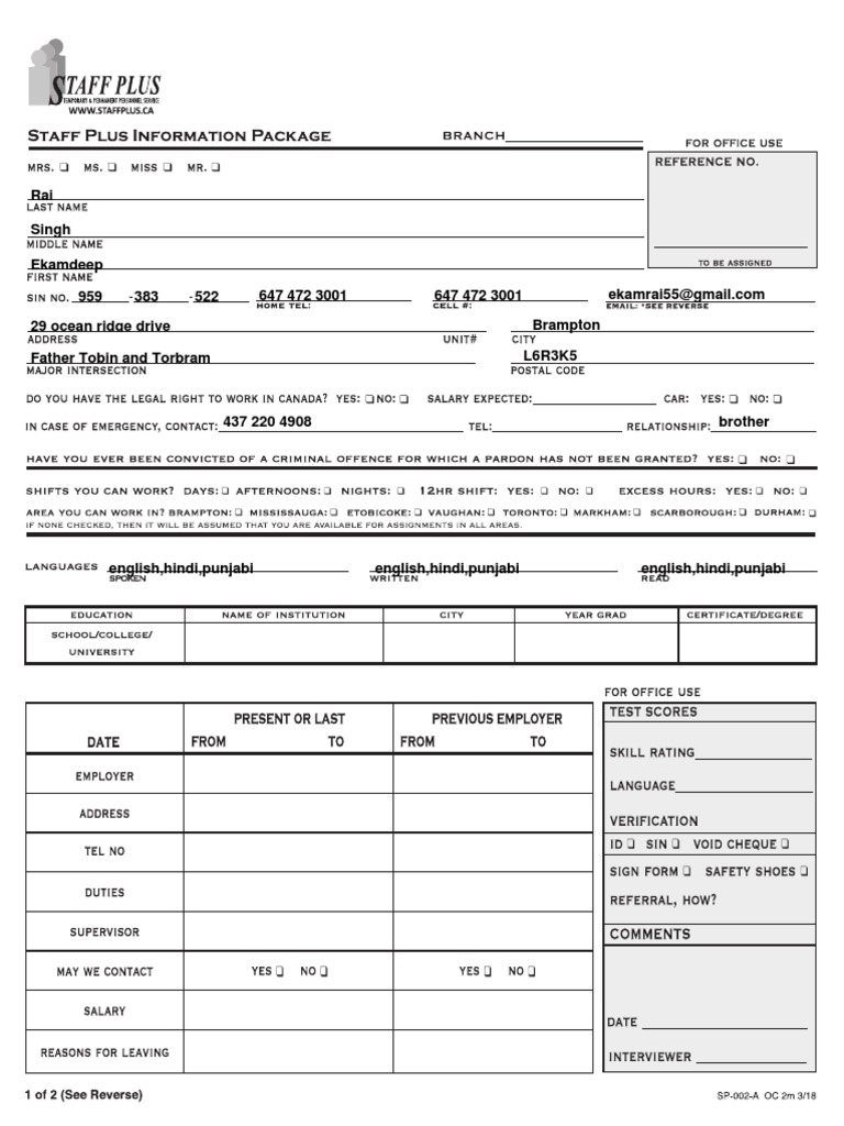 Document 1 Staff Plus Applicant Filled Registration Forms PDF Personal Protective