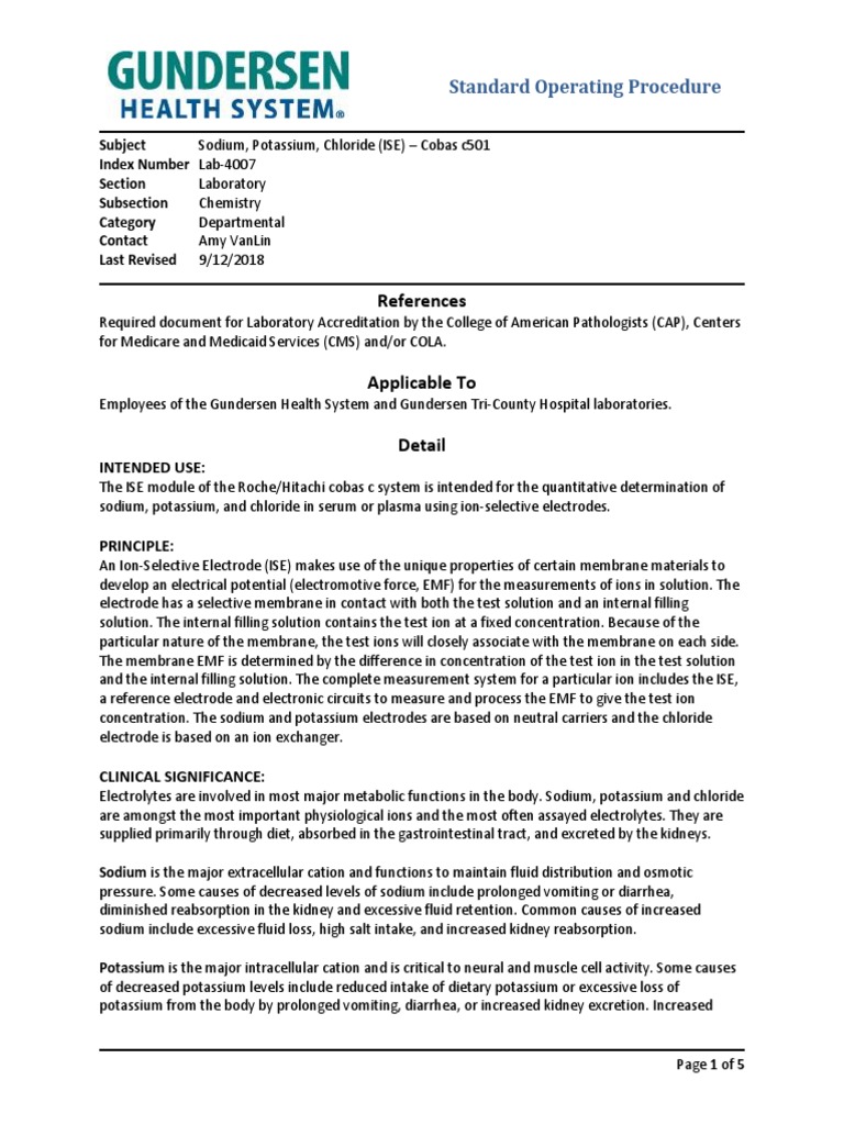 Lab Policies Sodium Potassium Chloride ISE Cobas c501 Lab 4007 | PDF ...