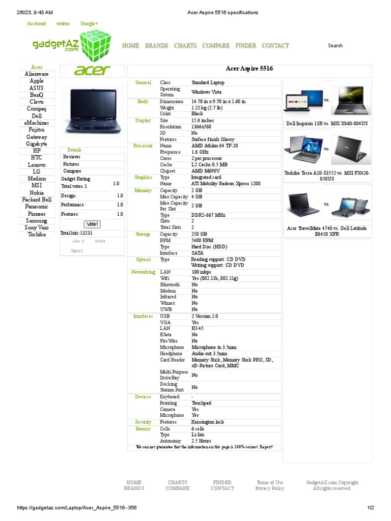 Acer Aspire 5516 Specifications | PDF | Computer Engineering | Product ...