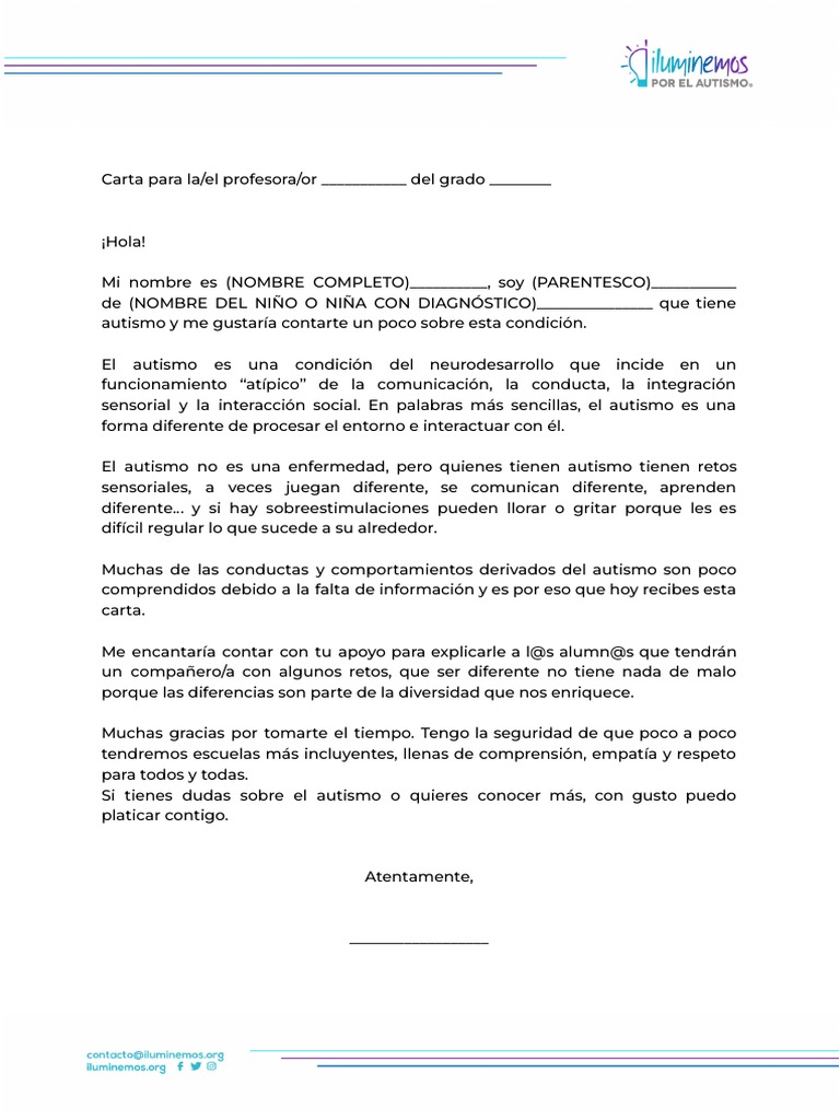 Carta a la maestra sobre autismo | PDF | Relaciones personales, crianza ...