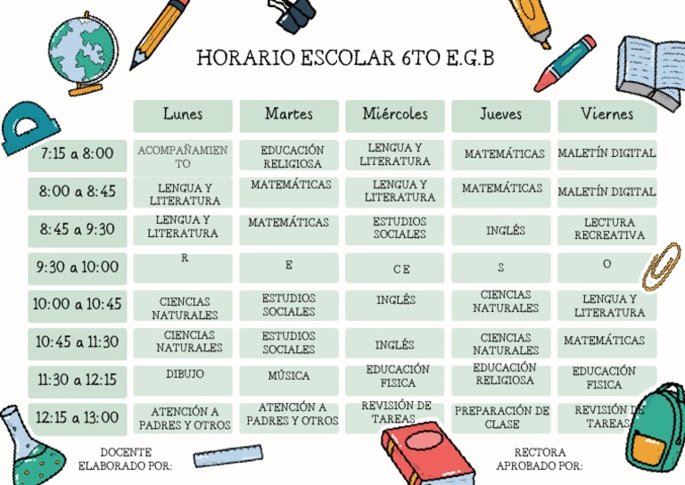 Horario Escolar 6to Grado 2025 | PDF