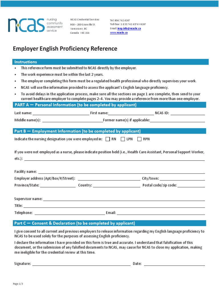 Employer English Proficiency Reference Form | PDF | Communication | Nursing