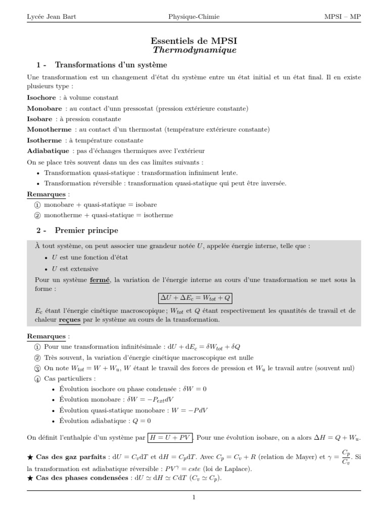 Thermodynamique : Principes et Transformations | PDF | Entropie ...
