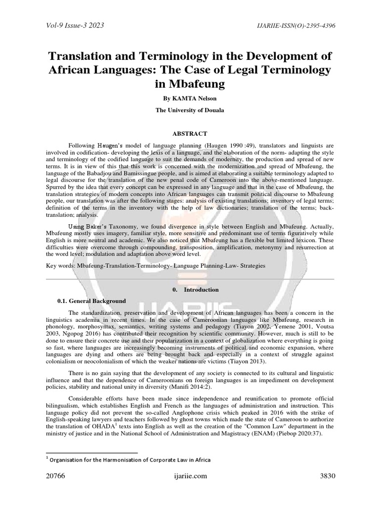 Translation and Terminology in The Development of African Languages The ...