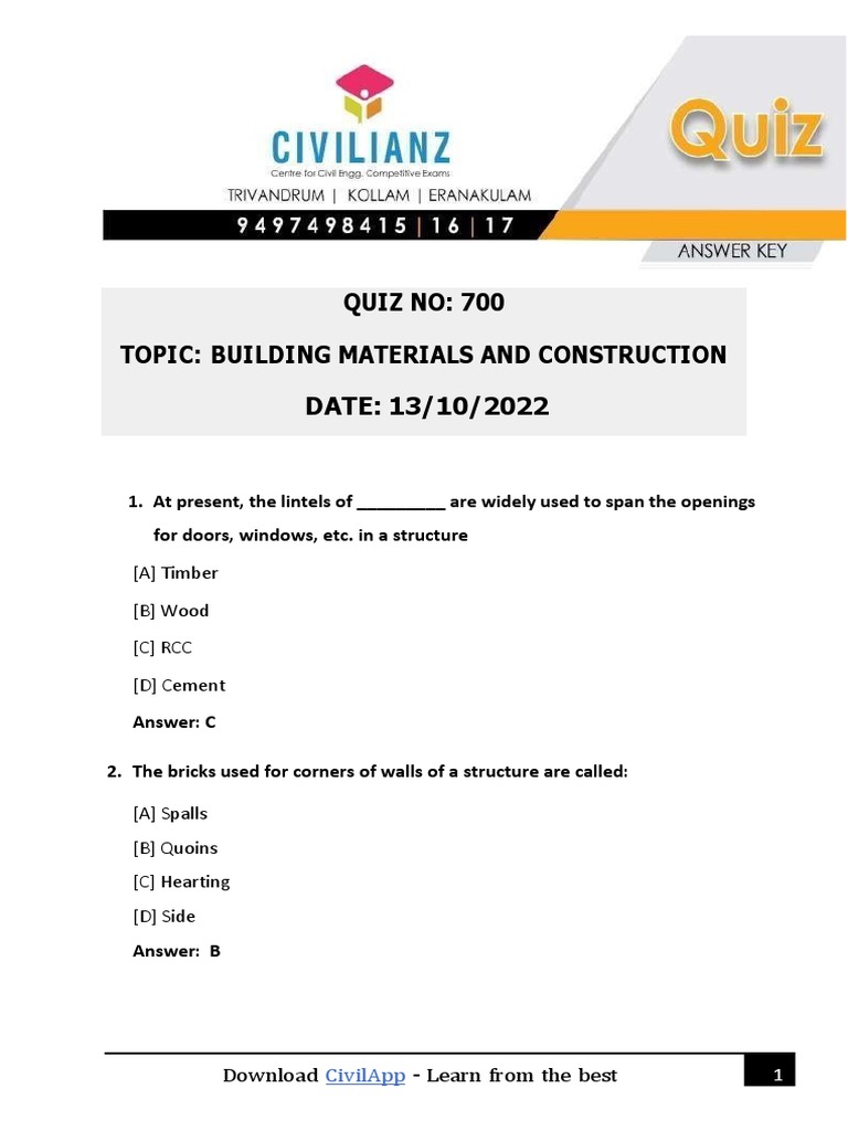 Building Materials Quiz for Civil Engineering | PDF | Home & Garden ...