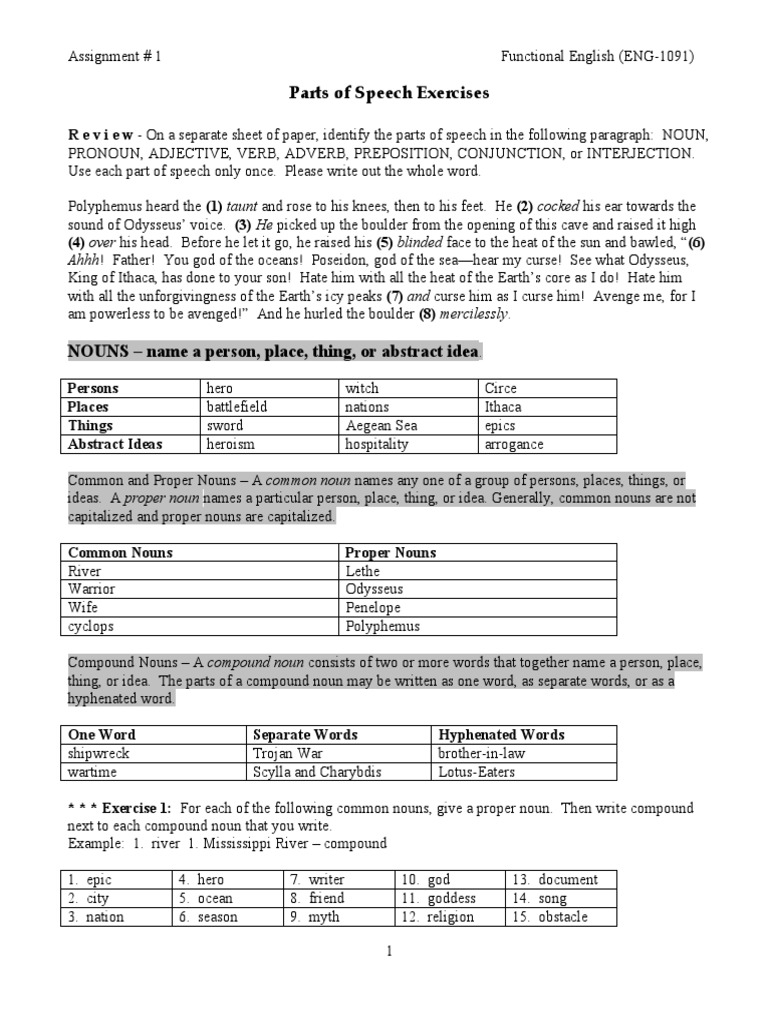 Odyssey Parts of Speech Review PDF Preposition And Postposition Adverb