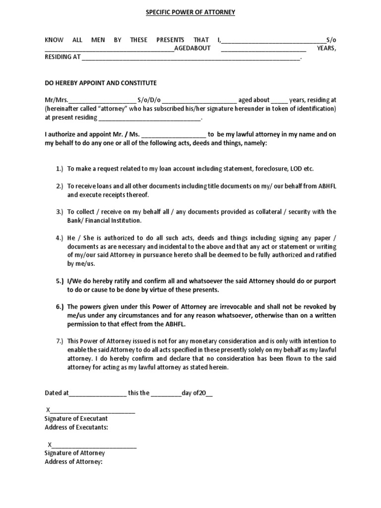Specific Power of Attorney PDF