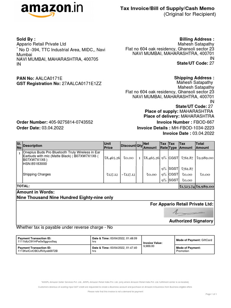 Amazon Tax Invoice for Oneplus Buds Pro | PDF