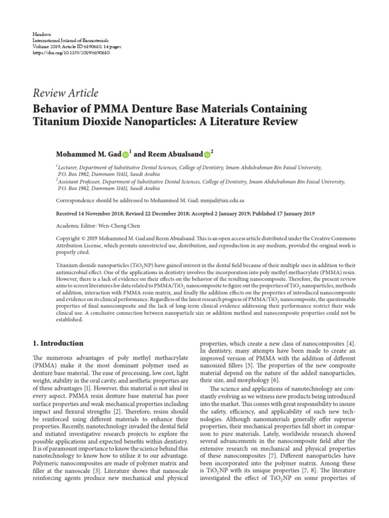Gad, Abualsaud 2019 Behavior of PMMA denture base materials containing titanium dioxide