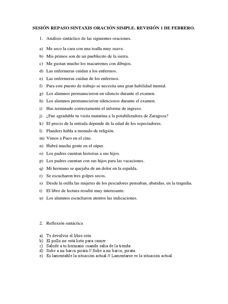 Ejercicios Lengua 1º Bachillerato - 1 Febrero | PDF