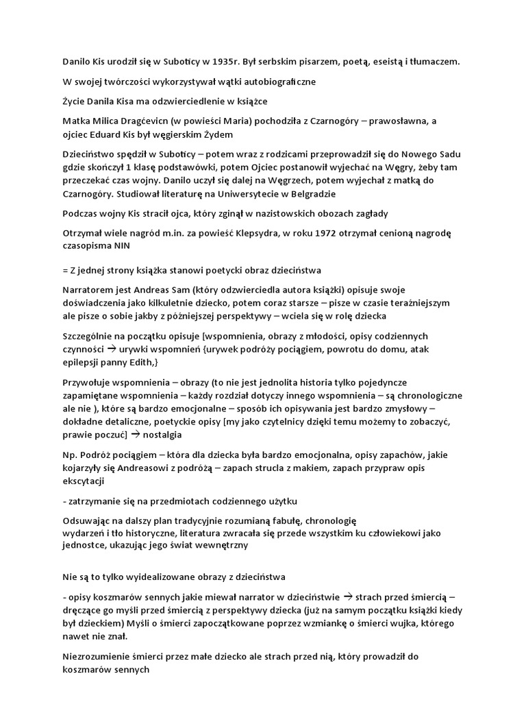 Danilo Kis - Ogród Popiól Referat | PDF