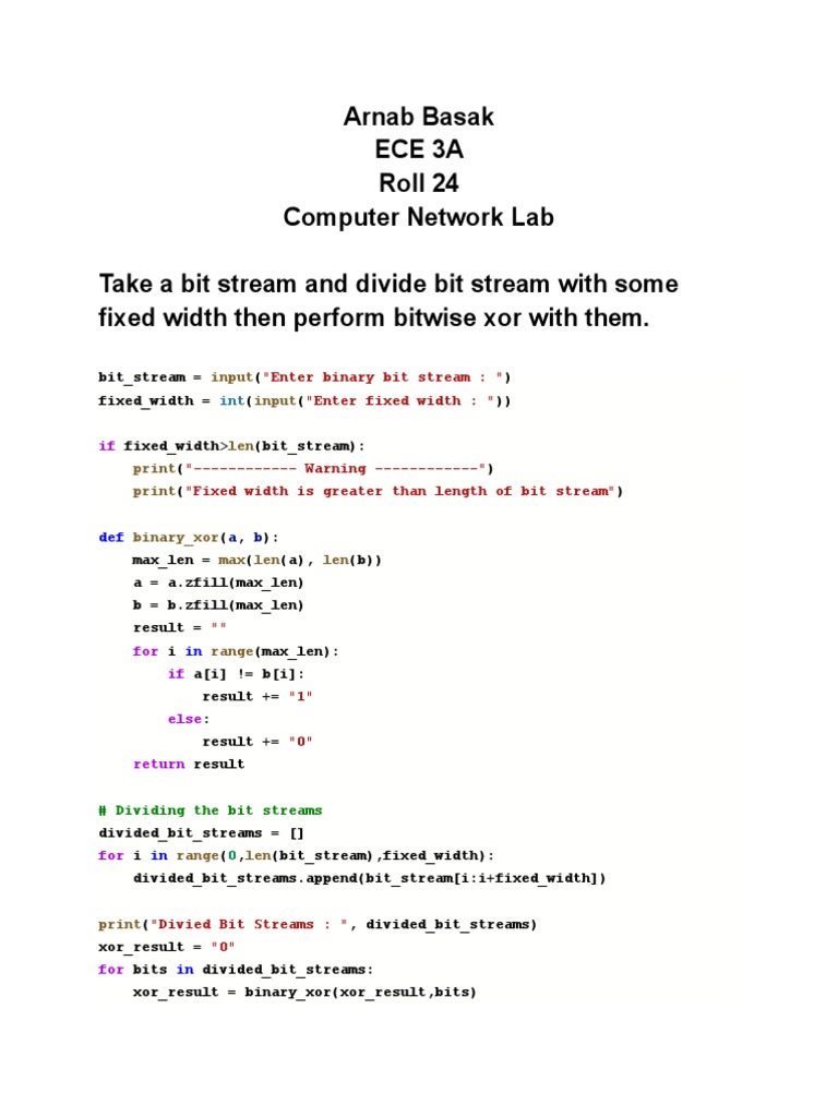 Arnab Basak Ece 3A Roll 24 Computer Network Lab Take A Bit Stream and ...