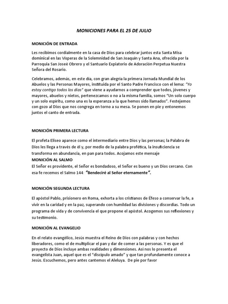 MONICIONES MISA 25 de JULIO PDF Misa (liturgia) eucaristía
