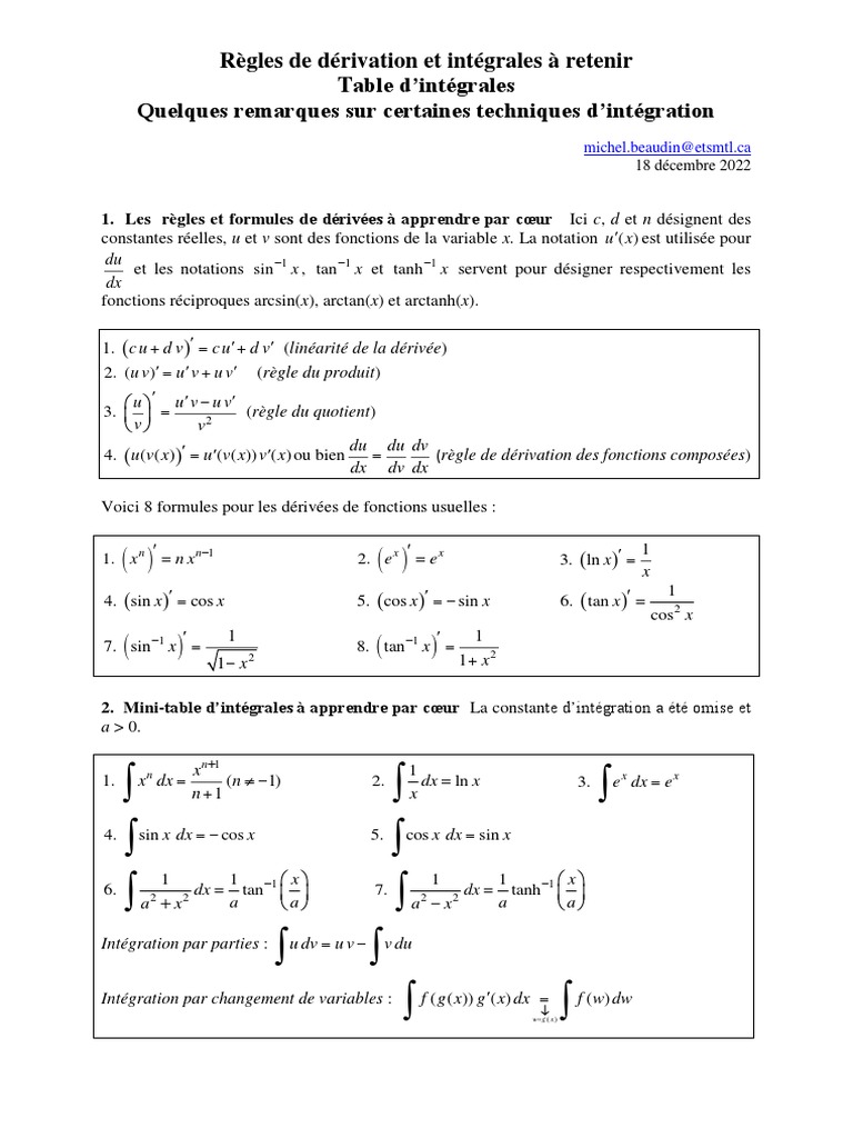 Règles de dérivation et intégrales essentielles | PDF | Intégral ...