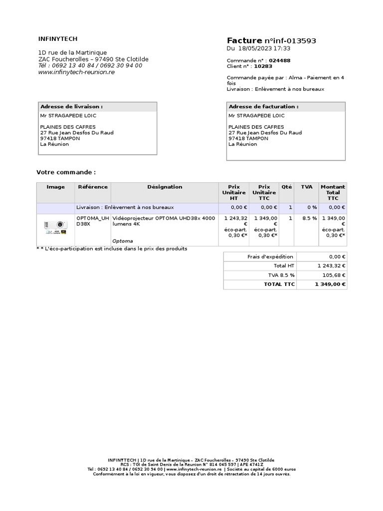 Facture OPTOMA UHD38x - INFINYTECH | PDF | Taxe sur la valeur ajoutée ...