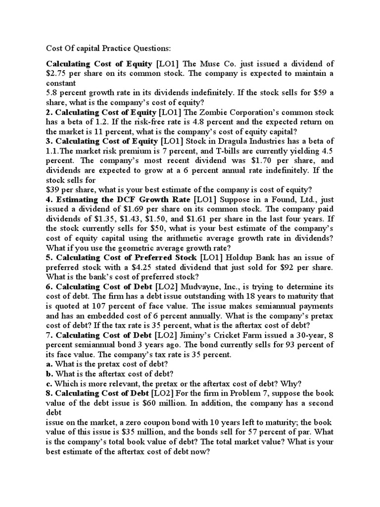 Cost Of Capital Practice Questions Pdf Cost Of Capital Stocks