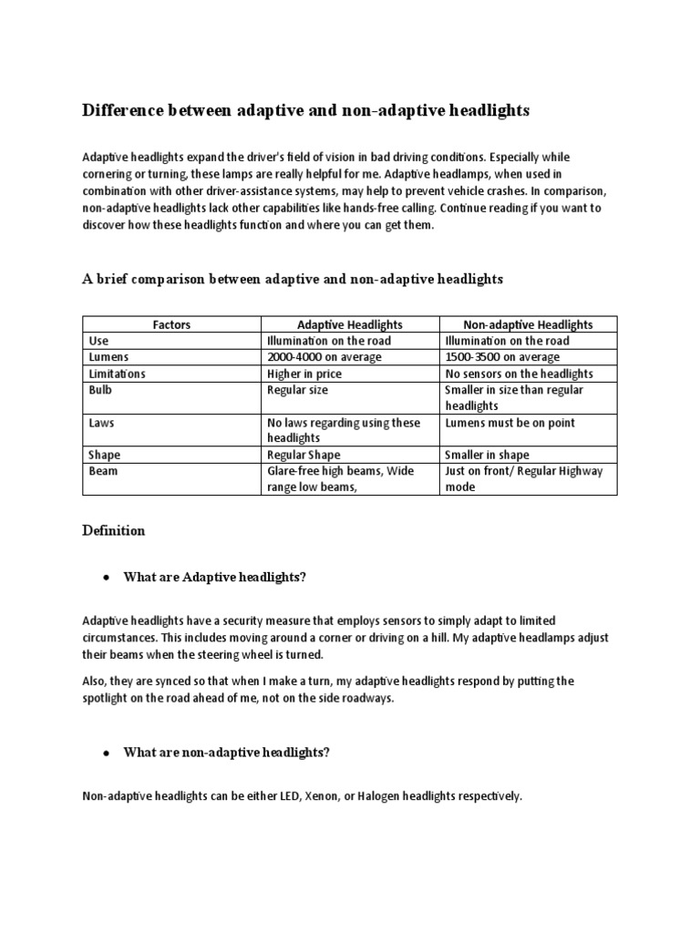Adaptive vs Non-Adaptive Headlights | PDF | Headlamp | Equipment