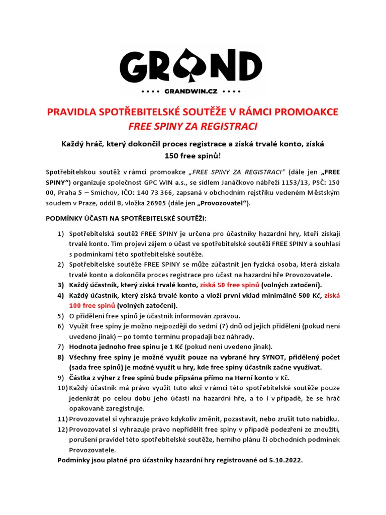 Free spiny za registraci pravidla pdf