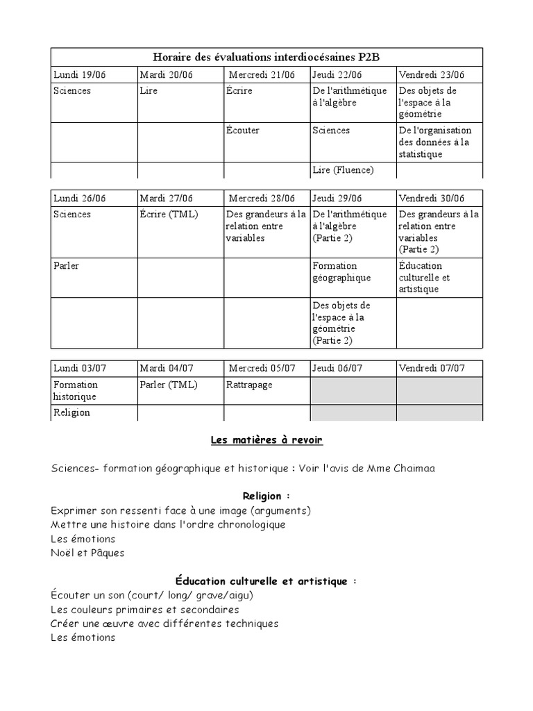 Horaire Évaluations Interdiocésaines P2B | PDF | Mathématiques ...