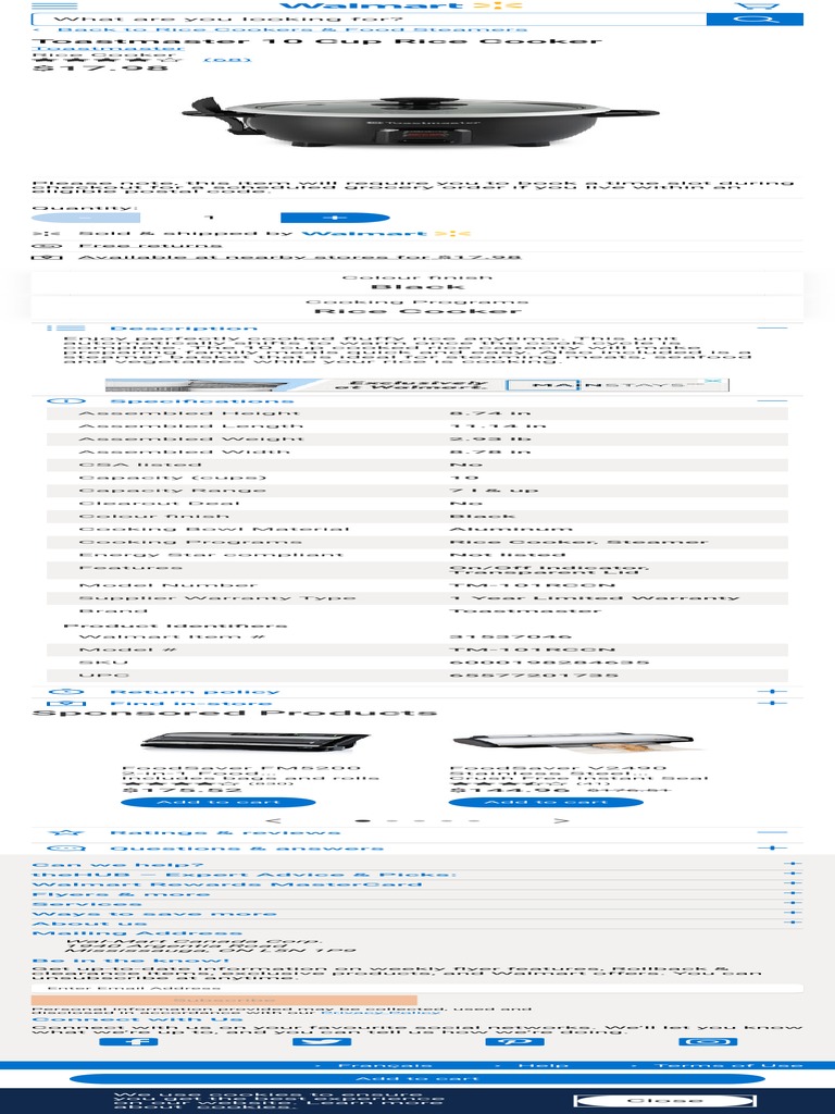 Toastmaster 10 Cup Rice Cooker Walmart Canada Download Free PDF