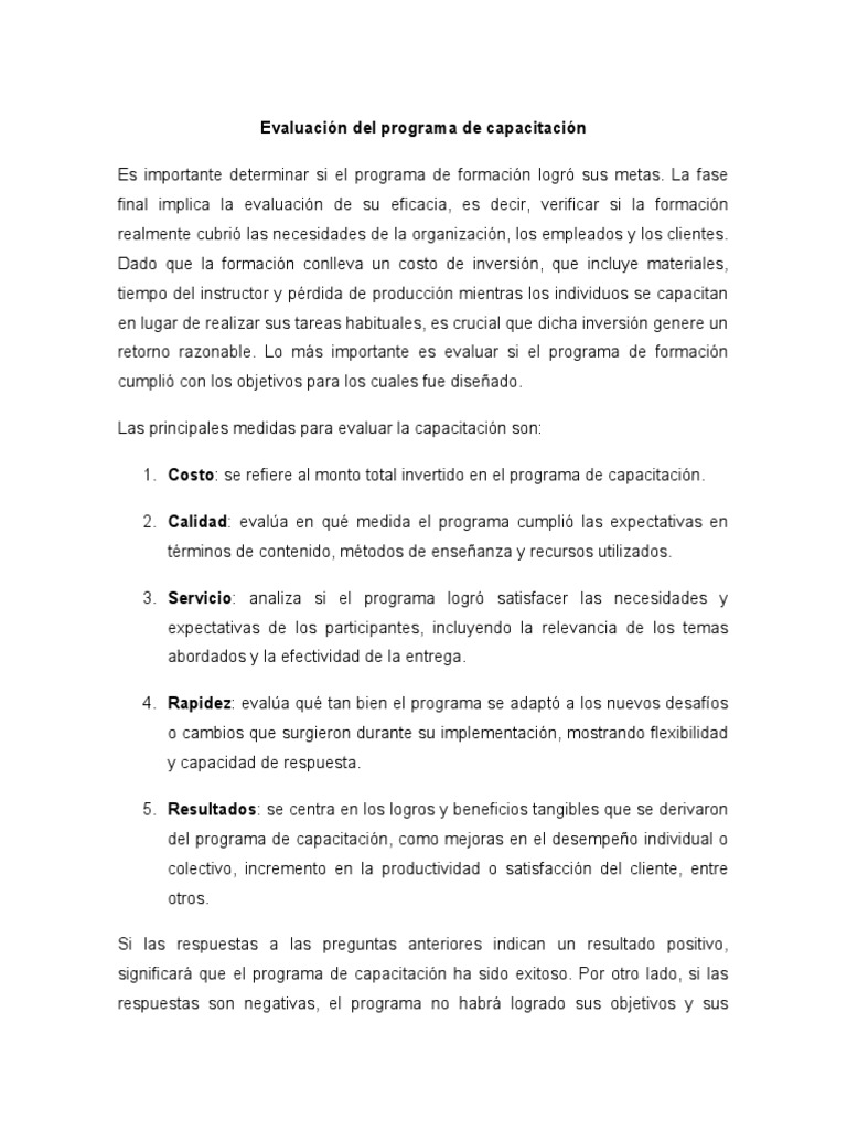 Evaluación del Programa de Capacitación | PDF | Evaluación | Aprendizaje