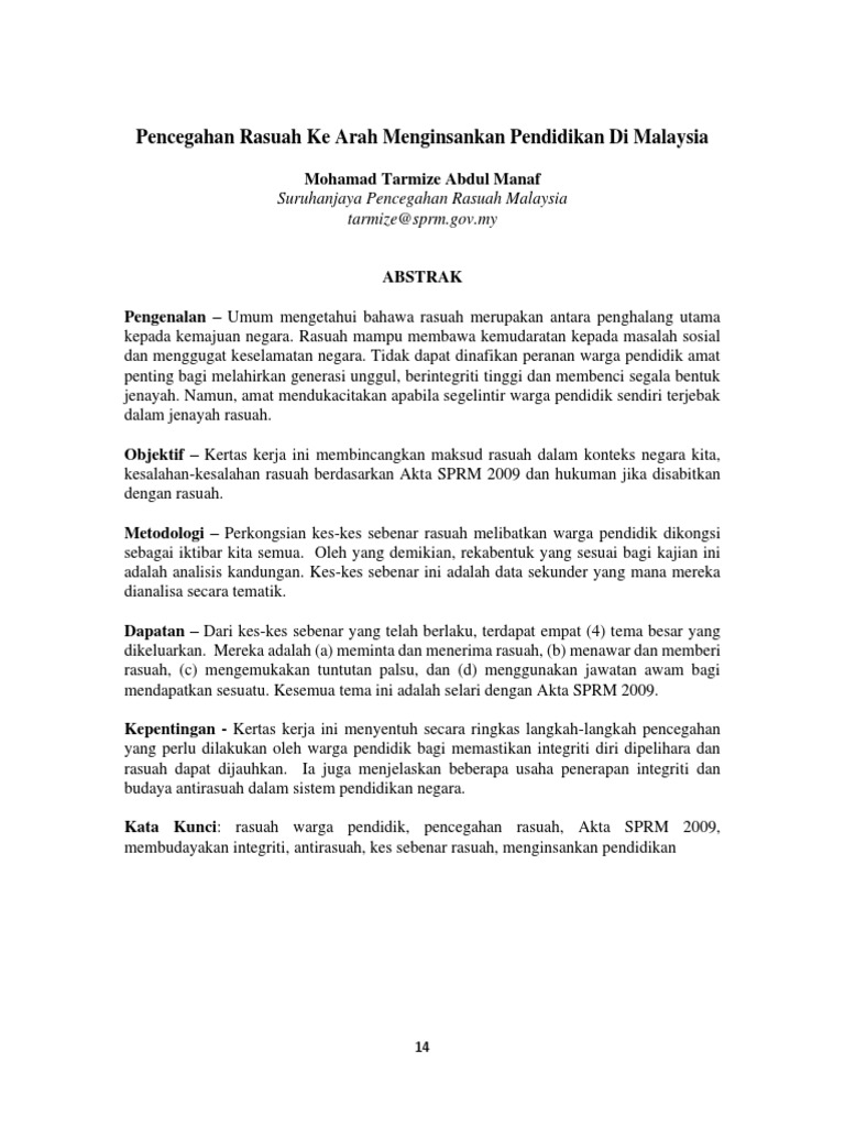 Pencegahan Rasuah Ke Arah Menginsankan Pendidikan Di Malaysia | PDF