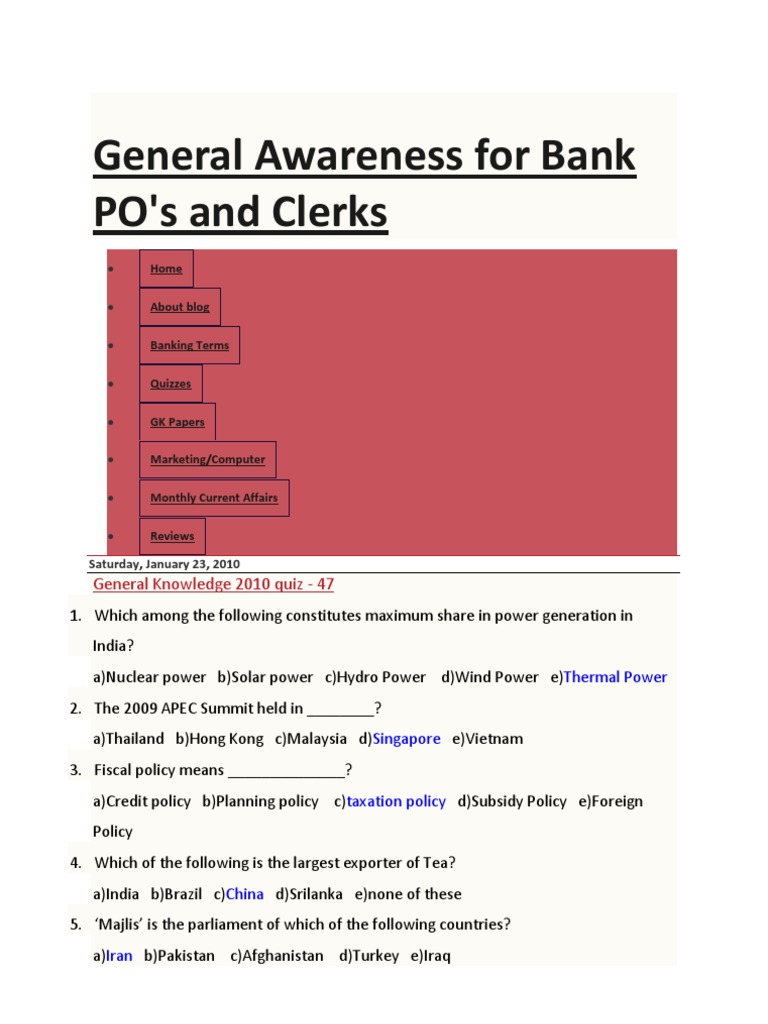 General Awareness For Bank PO PDF
