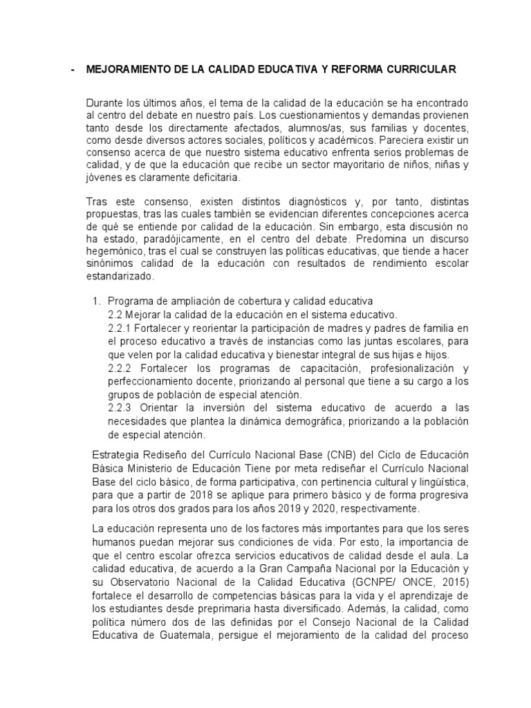 Mejoramiento de La Calidad Educativa y Reforma Curricular | PDF