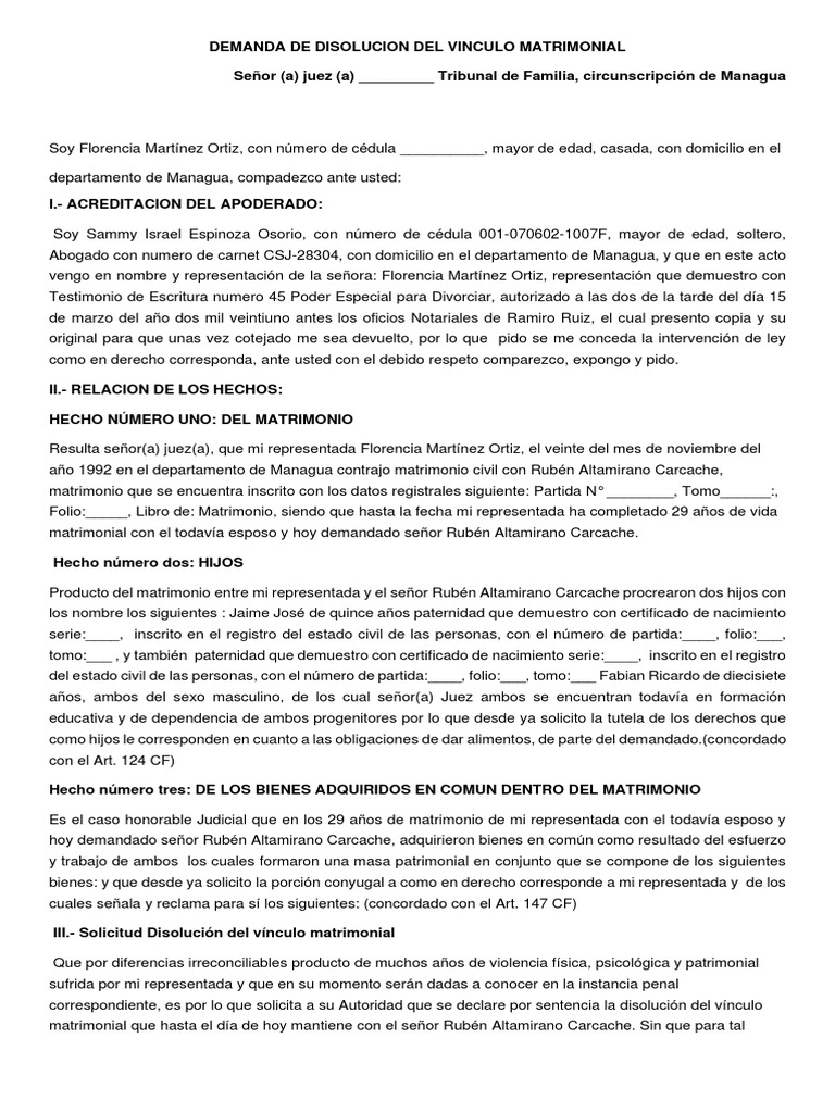 Demanda de Disolución Matrimonial | PDF | Divorcio | Matrimonio